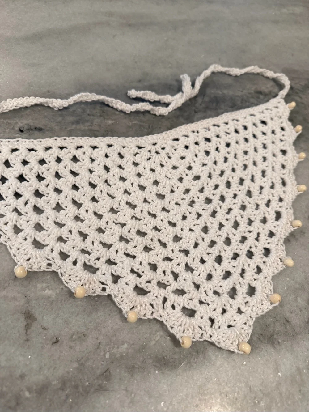 Handmade Crochet Wood Beaded Kerchief Head Scarf Cotton Boho Bandana Cottagecore